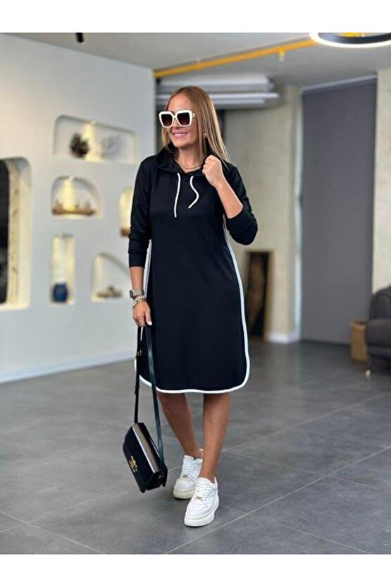 Kadın Uzun Kollu Kapüşon Ve Ribana Detay Diz üstü Elbise