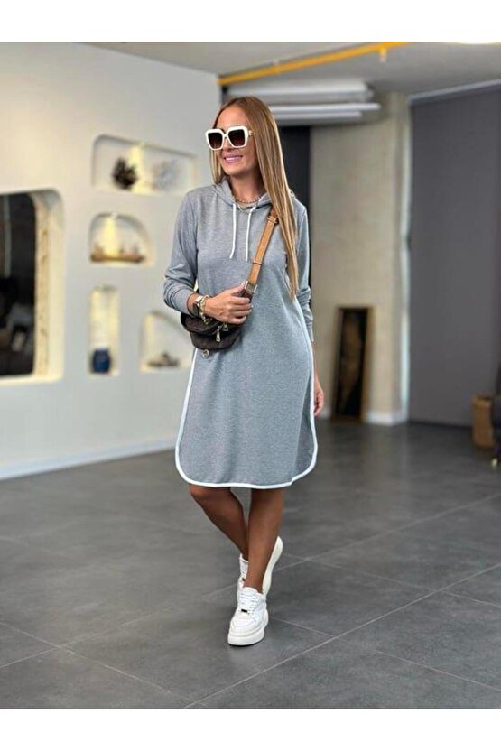 Kadın Uzun Kollu Kapüşon Ve Ribana Detay Diz üstü Elbise