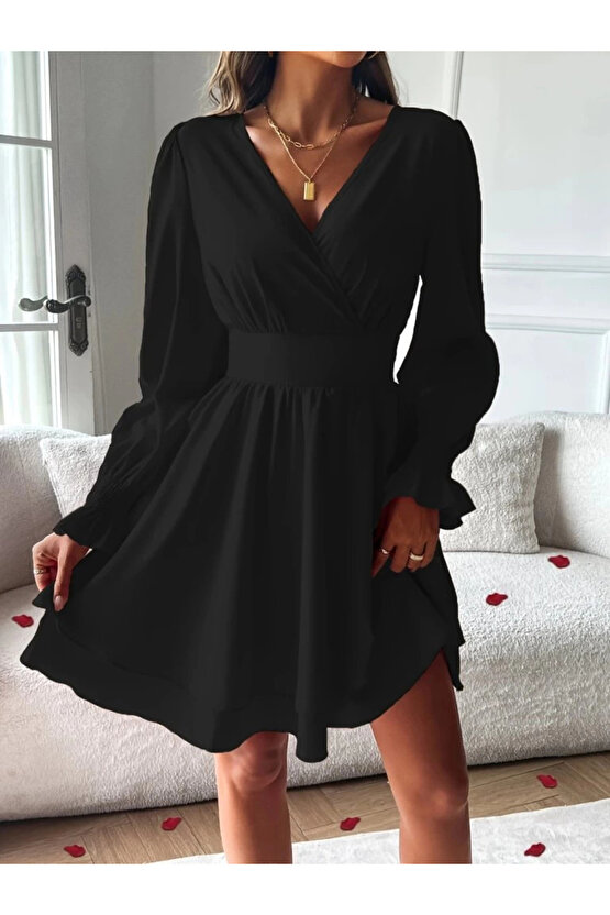 Kadın Uzun Kollu Kruvaze Yakalı Mini Sandy Elbise