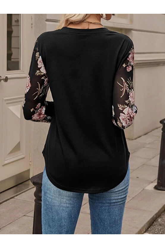 Kadın Uzun Kollu Bisiklet Yakalı Kolun çiçek Desenli Viskon Iki Iplik Bluz