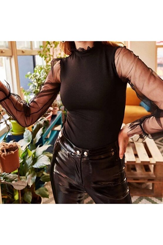 EQURİ Kadın Kolları Tül Detaylı örme Krep Kumaş Bluz