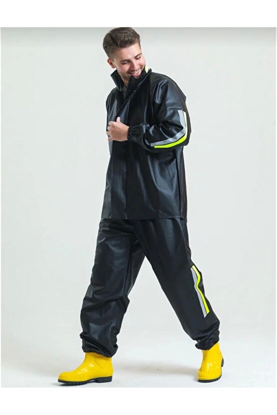 Premium Motorcu Kurye Yağmurluk Takım Su Geçirmez PVC Kumaş Reflektörlü TÜBİTAK Onaylı - Siyah