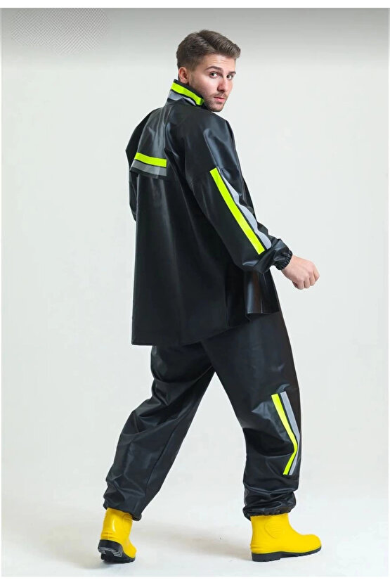 Premium Motorcu Kurye Yağmurluk Takım Su Geçirmez PVC Kumaş Reflektörlü TÜBİTAK Onaylı - Siyah