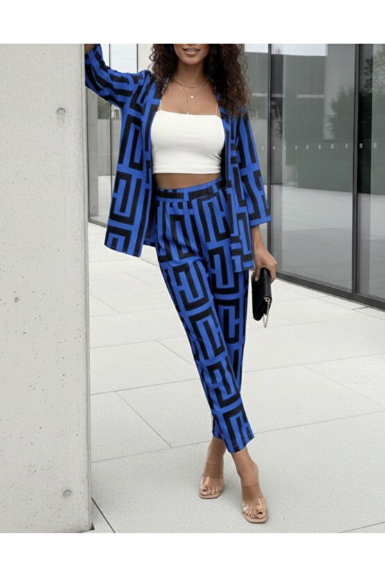 EQURİ Kadın Uzun Kollu önü Açık Desenli Iki Iplik Ceket Ve Pantolon Ikili Takım