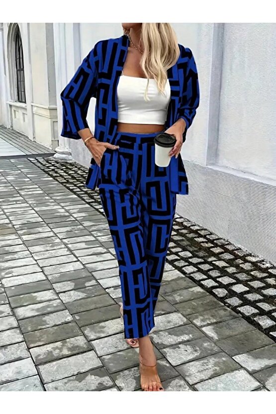 EQURİ Kadın Uzun Kollu önü Açık Desenli Iki Iplik Ceket Ve Pantolon Ikili Takım