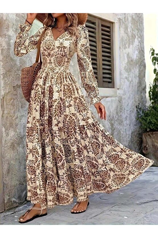 Kadın Uzun Kollu V Yakalı Desenli Süprem Elbise