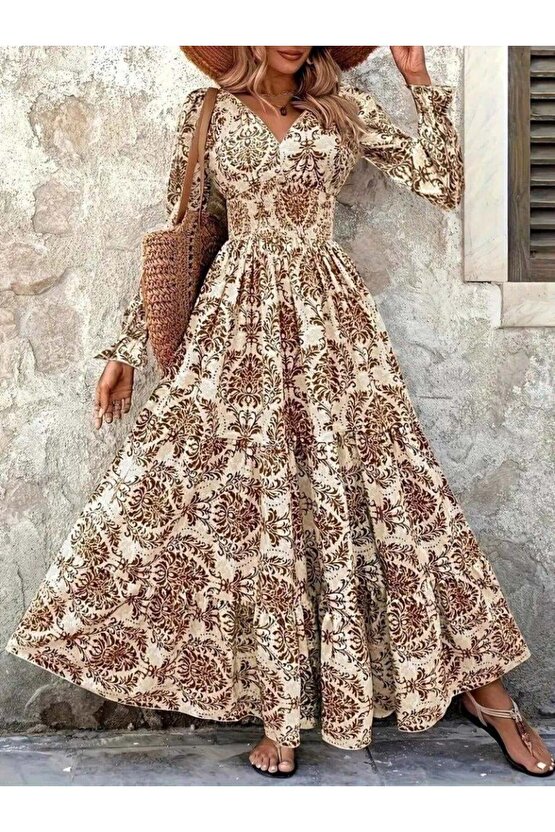 Kadın Uzun Kollu V Yakalı Desenli Süprem Elbise