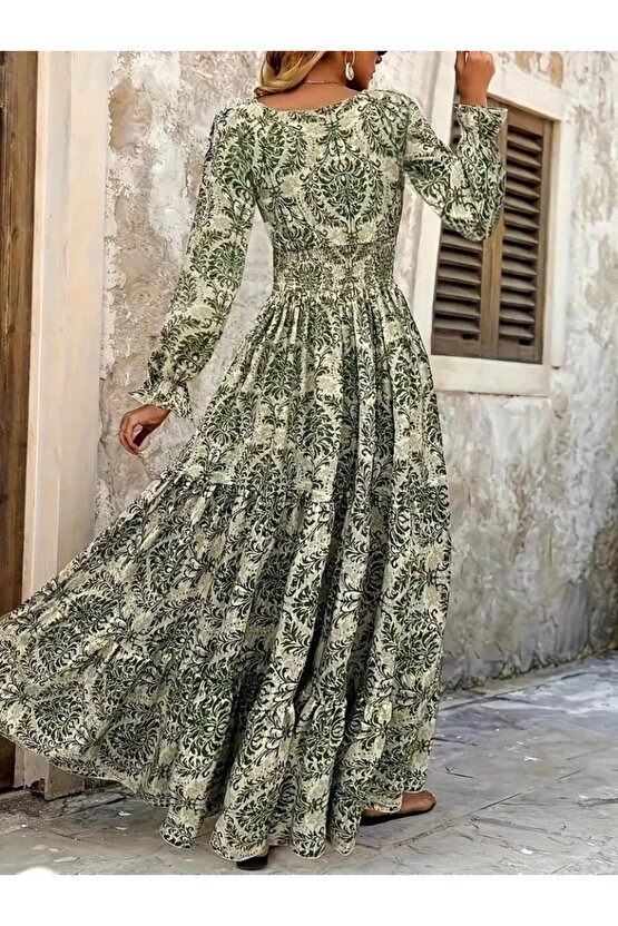 Kadın Uzun Kollu V Yakalı Desenli Süprem Elbise