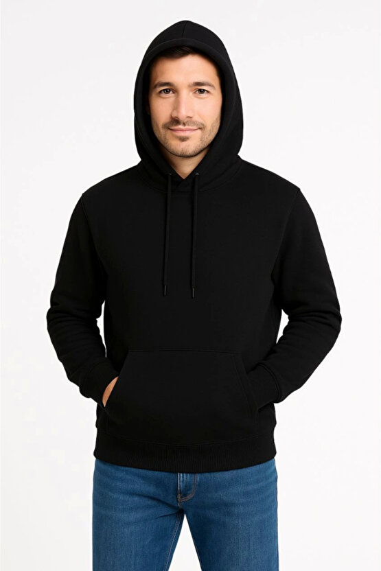 EQURİ Erkek Üç İplik Kapüşonlu Kanguru Cepli SweatShirt Hoodie - Siyah
