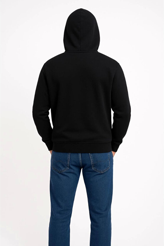 EQURİ Erkek Üç İplik Kapüşonlu Kanguru Cepli SweatShirt Hoodie - Siyah