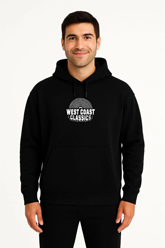 EQURİ Üç İplik Kapüşonlu Ön Ve Arka Baskılı SweatShirt Hoodie - Siyah