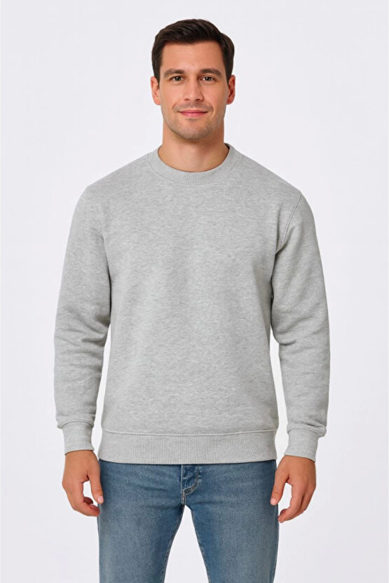 EQURİ Erkek Üç İplik Düz Bisiklet Yaka SweatShirt - Gri