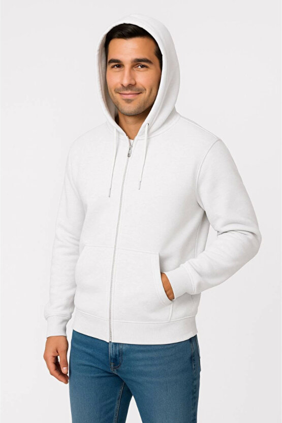 EQURİ Erkek Üç İplik Kapüşonlu Tam Fermuarlı Kanguru Çepli SweatShirt Hoodie - Beyaz