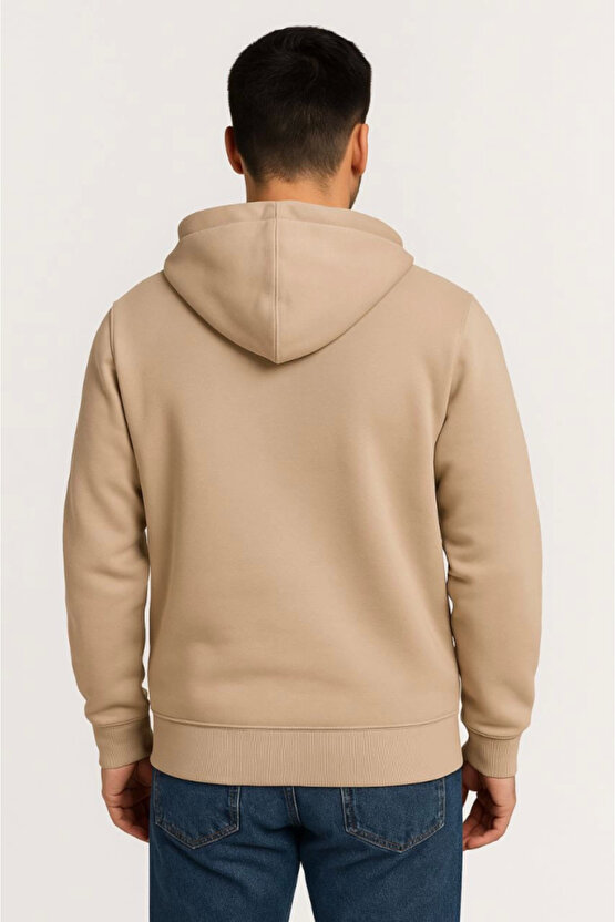 EQURİ Erkek Üç İplik Kapüşonlu Tam Fermuarlı Kanguru Çepli SweatShirt Hoodie - Bej
