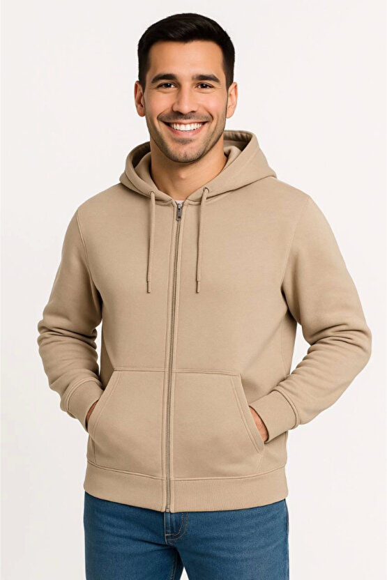 EQURİ Erkek Üç İplik Kapüşonlu Tam Fermuarlı Kanguru Çepli SweatShirt Hoodie - Bej