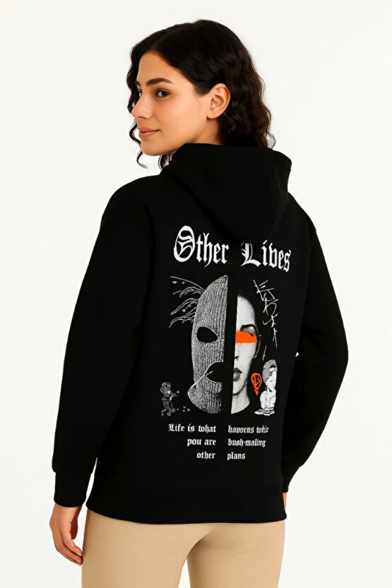 EQURİ Üç İplik Kapşonlu ön Ve Arka Baskılı SweatShirt Hoodie- Siyah