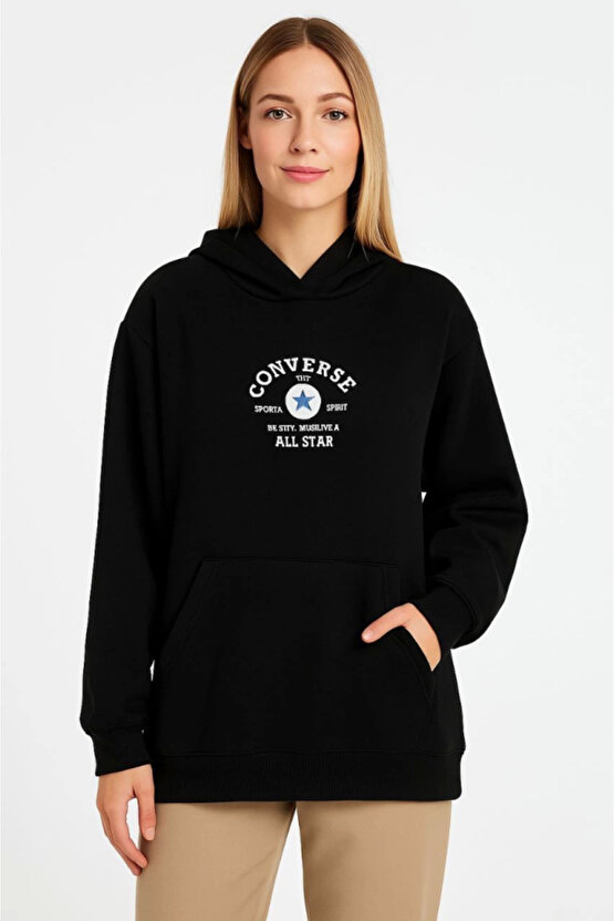 EQURİ Üç İplik Kapşonlu ön Ve Arka Baskılı SweatShirt Hoodie- Siyah