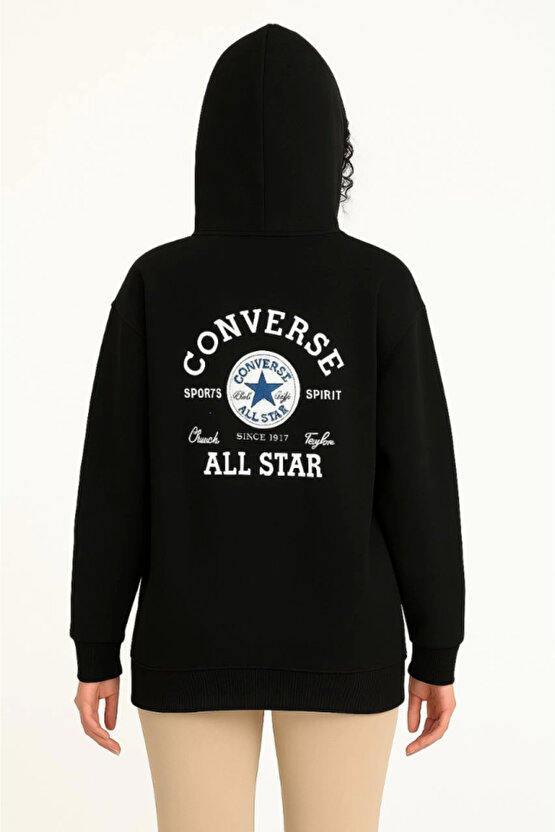 EQURİ Üç İplik Kapşonlu ön Ve Arka Baskılı SweatShirt Hoodie- Siyah