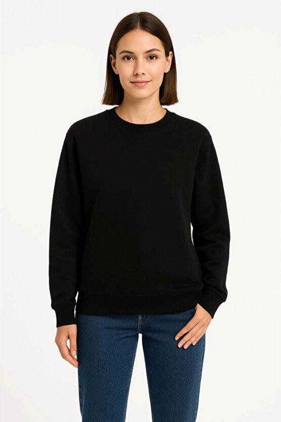 EQURİ Üç İplik Düz Bisiklet Yaka SweatShirt - Siyah