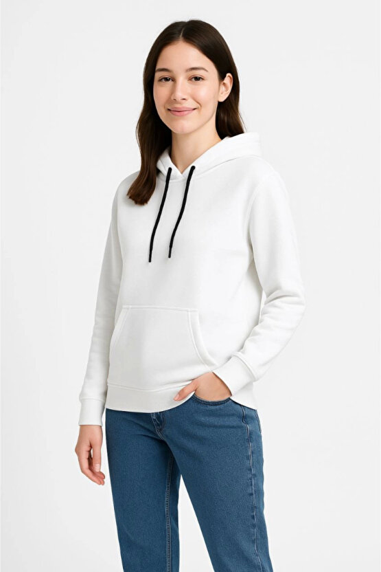EQURİ Üç İplik Kapüşonlu Kanguru Çepli SweatShirt Hoodie - Beyaz
