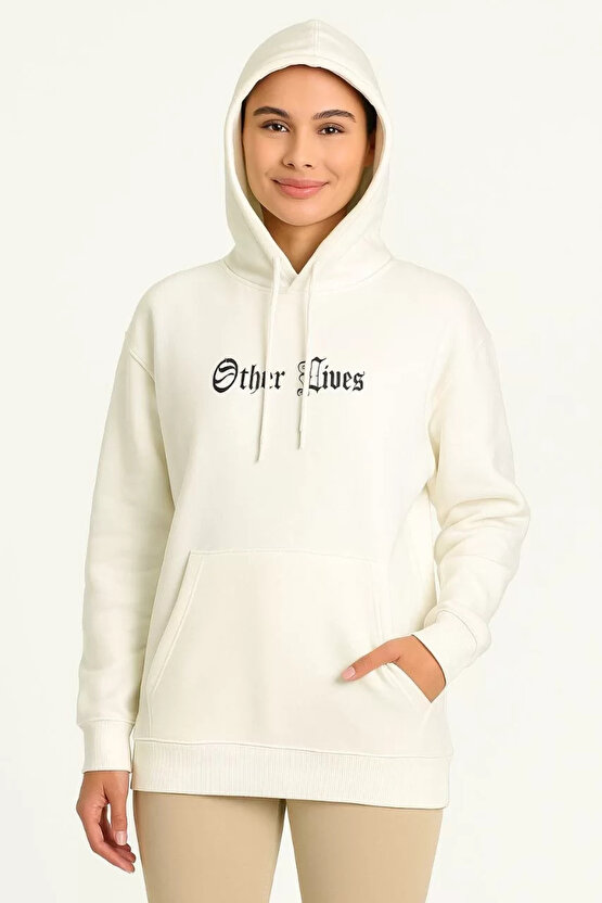 Kadın Kapşonlu Sweatshirt – Oversize Üç İplik Şardonlu Hoodie, Other Lives Ön & Arka Baskılı, Kang