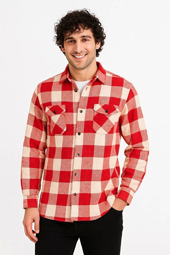Erkek Oduncu Gömlek – Uzun Kollu, Şardonlu Kumaş, Kareli Desen, Regular Fit, Manşetli, Çift Cepli, R