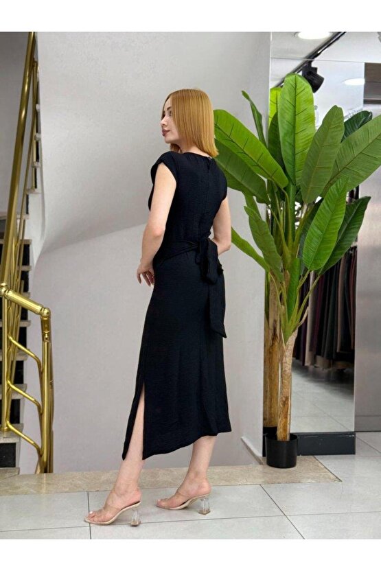 Kadın Kısa Kollu Yuvarlak Yaka Belden Bağcıklı önden Yırtmaçlı Aerobin Elbise