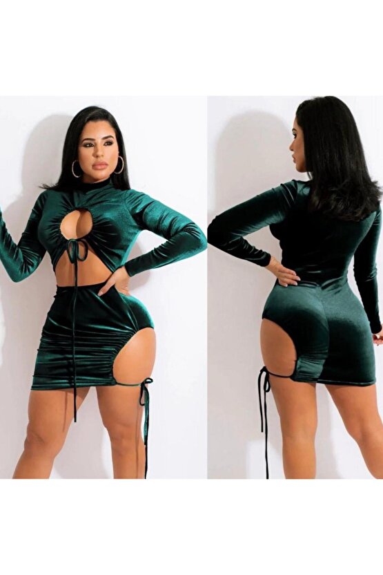 EQURİ Kadın Uzun Kollu Full Dekolte Detay Kadife Kumaş Elbise