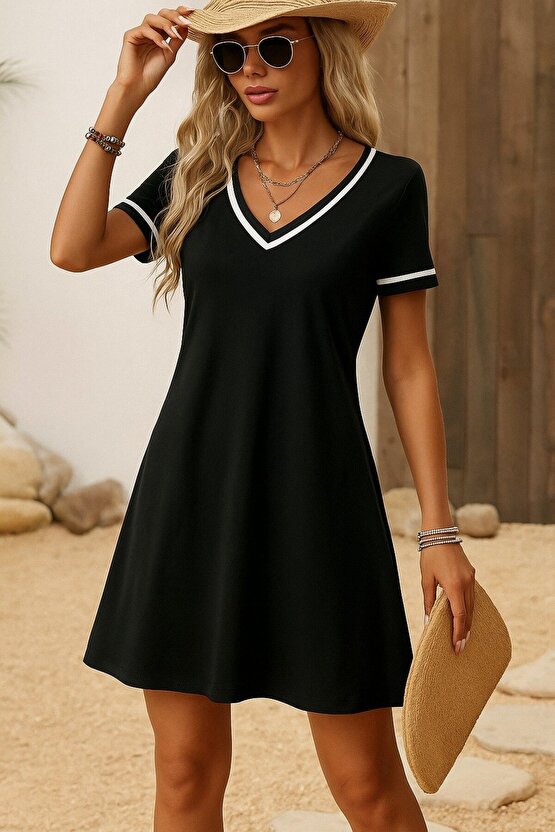 EQURİ Kadın Kısa Kollu V çizgili Yakalı Kısa Viskon Elbise