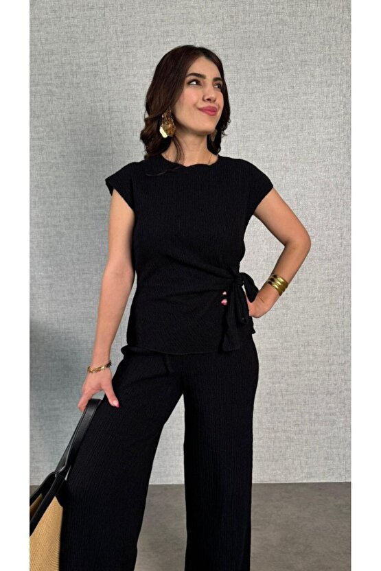 EQURİ Kadın Kısa Kollu Bisiklet Yaka Yandan Bağlamalı Bürümcük Bluz Ve Pantolon Ikili Takım