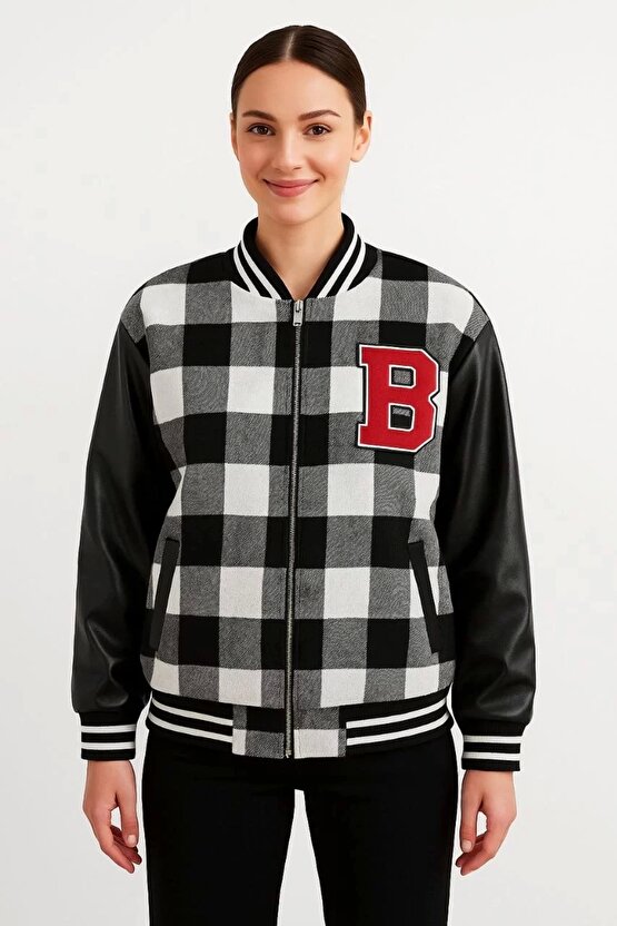 Kadın Kolej Ceket – Kareli Oduncu Kumaş, Kolları Suni Deri, Fermuarlı, İçi Kapitone Astarlı, Nakışlı