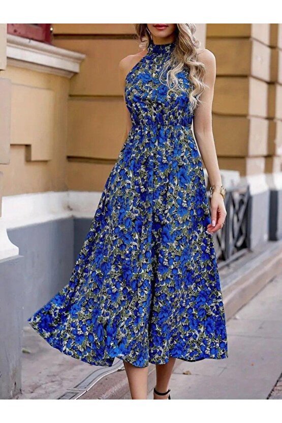 Kadın Omuzlardan Açık Daire Yaka Desenli Maxi Süprem Elbise