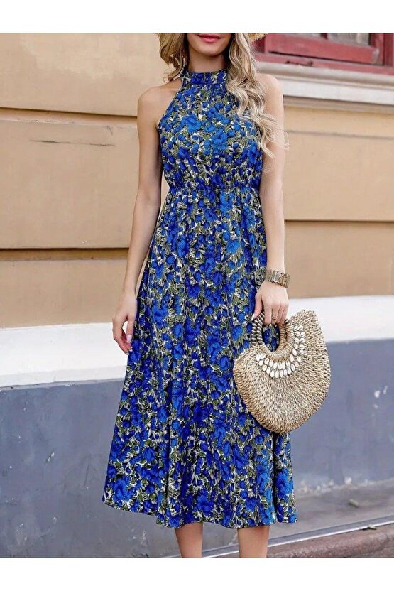 Kadın Omuzlardan Açık Daire Yaka Desenli Maxi Süprem Elbise