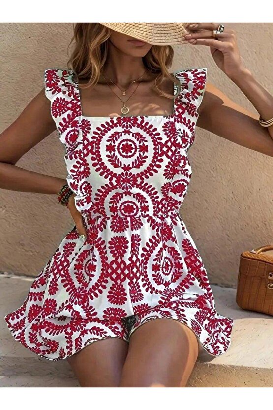 Kadın Askılı Kare Yakalı Arkadan Bağcıklı Desenli Keten Tulum