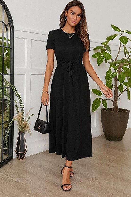 Kadın Kısa Kollu Bisiklet Yaka Belden Bağlamalı önü Bağcık Detaylı Maksi Boy Viskon Elbise