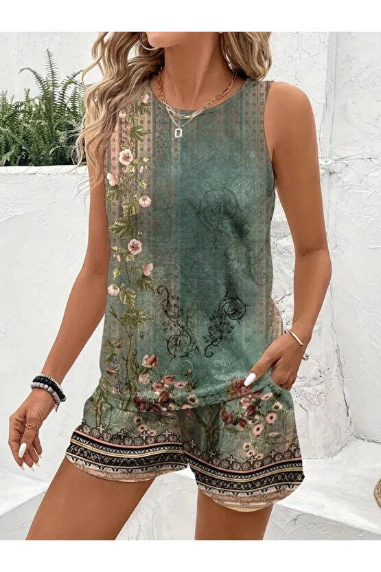 Kadın Askılı Yuvarlak Yaka çiçek Baskılı Süprme Bluz Ve Short Ikili Takım