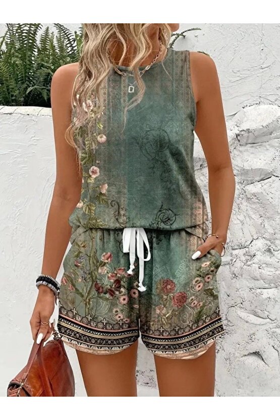 Kadın Askılı Yuvarlak Yaka çiçek Baskılı Süprme Bluz Ve Short Ikili Takım