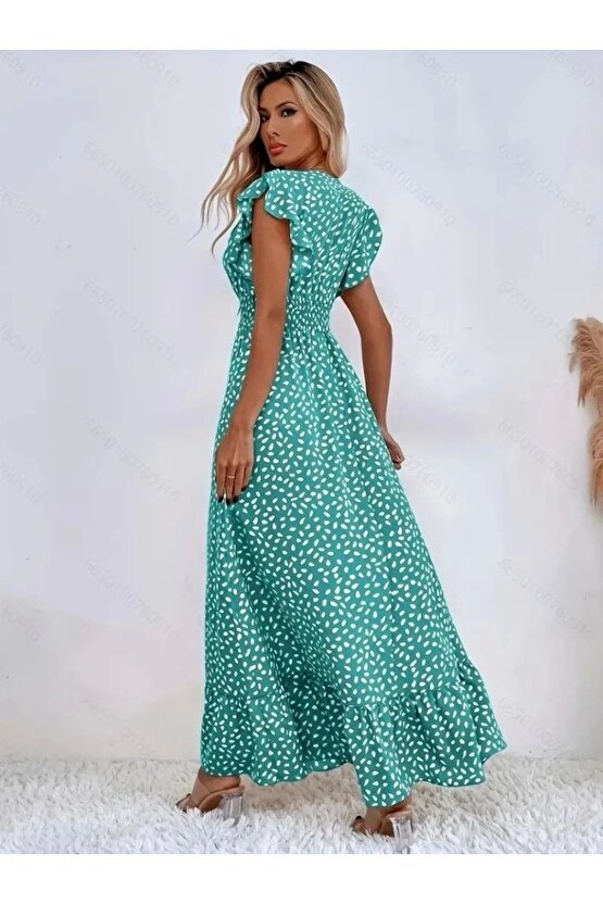 Kadın Kısa Kollu Kruvaze Yaka Beli Lastikli çiçek Desenli Elbise