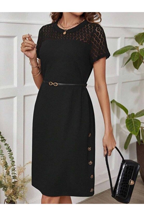 EQURİ Kadın Kısa Kollu Bisiklet Yaka Dantel Detaylı Düğmeli Modal Elbise