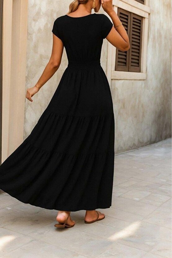 Kadın Kısa Kollu Kruvaze Yaka Beli Lastikli Süprem Maksi Boy Elbise