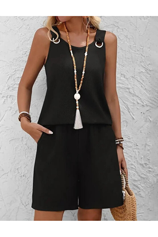 Kadın Askılı Yuvarlak Yaka Kuş Gözü Detaylı Bürümcük Bluz Ve Short Ikili Takım