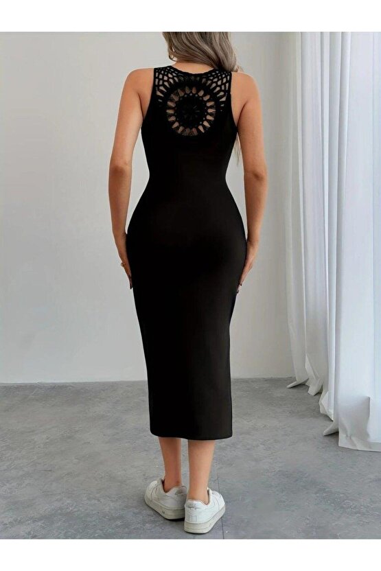 Kadın Askılı Yuvarlak Yakalı Yandan Yırtmaçlı Arkası Dantel Detaylı Viskon Elbise