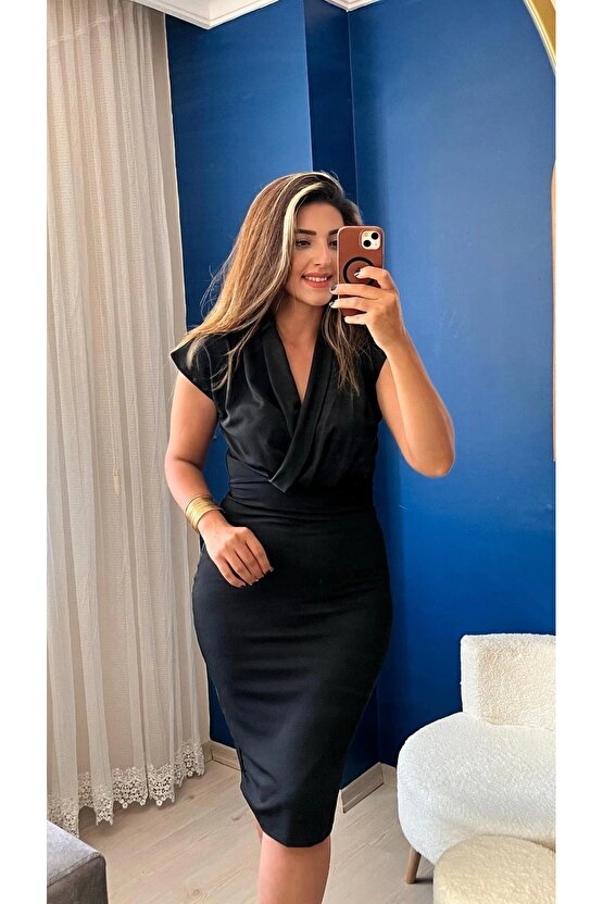 Kadın Kısa Kollu Kruvaze Yaka Krep Elbise (Kemersiz)