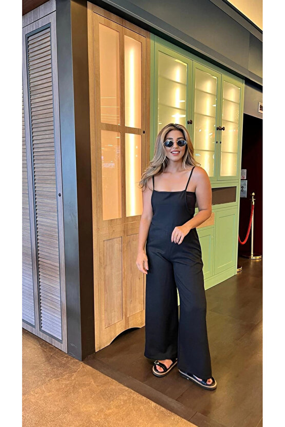 Kadın Askılı Yandan Fermuarlı Geniş Paçalı Valencia Tulum