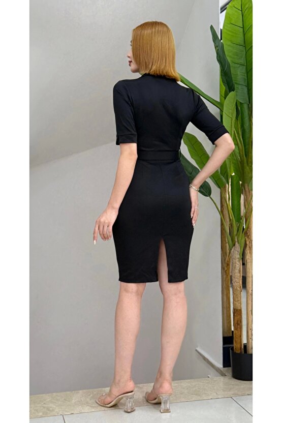 Kadın Kısa Kollu Yakalı Kruvaze Yakalı Beli Kemerli Midi Modal Elbise