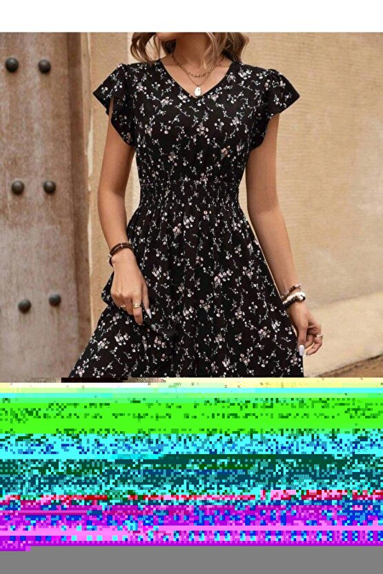 Kadın Kısa Kollu V Yakalı Beli Lastikli çiçek Desenli Süprem Elbise