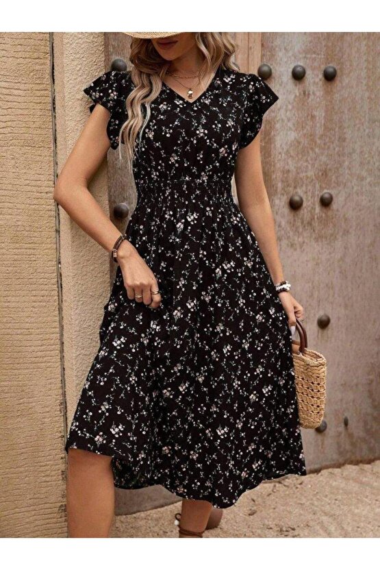 Kadın Kısa Kollu V Yakalı Beli Lastikli çiçek Desenli Süprem Elbise