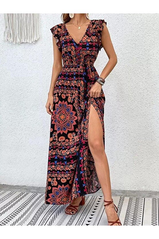 Kadın Kısa Kollu V Yakalı Deseni Yırtmaçlı Süprem Elbise