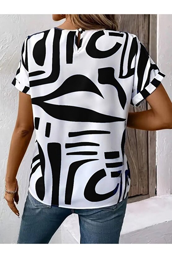 EQURİ Kadın Kısa Kollu Yuvarlak Yaka Desenli Süprem Bluz