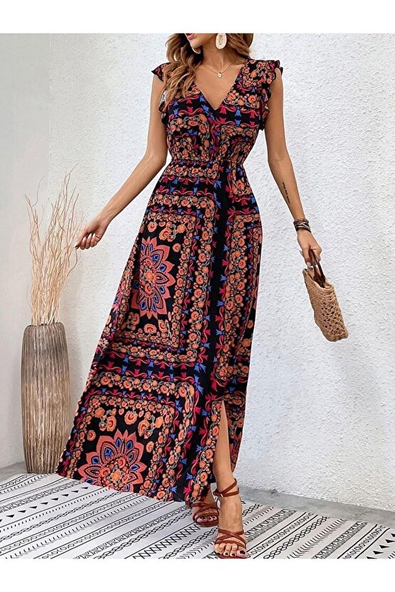 Kadın Kısa Kollu V Yakalı Deseni Yırtmaçlı Süprem Elbise